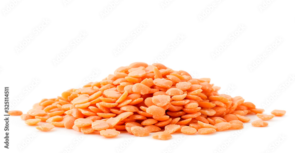Pile of red lentils in close-up on a white background. Isolated Pile of red lentils in close-up on a white background. Isolated