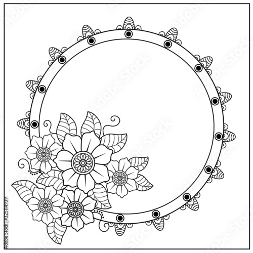 Vector illustration of round frame with flowers isolated on white