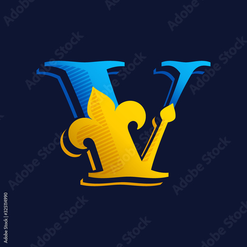 V letter logo with gold french lily and hatching shadow.
