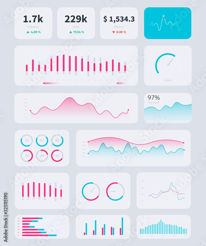 Hud panel interface with graphics, charts, followers, views and balance blocks. Social media HUD interface template elements, user dashboard with data process info graphics. photo
