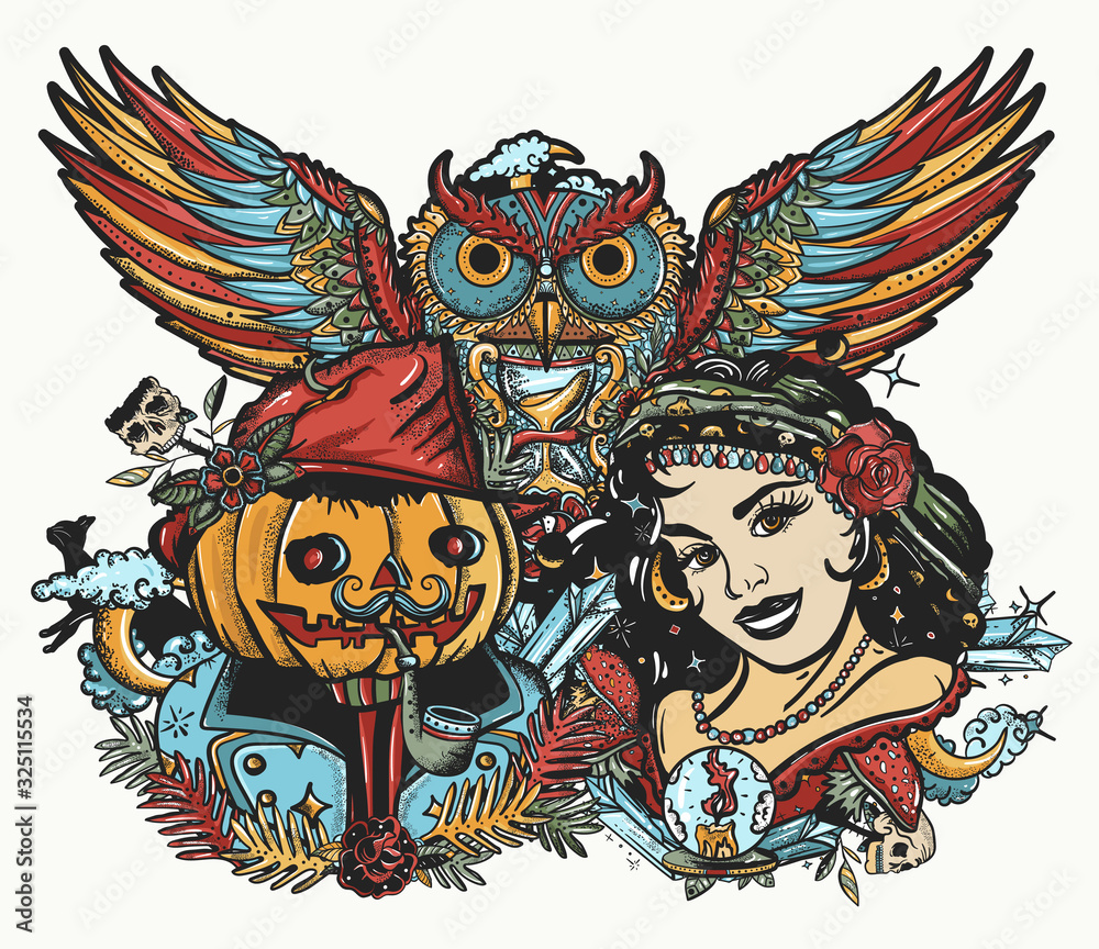 Fototapeta Witch woman, owl and Jack O' Lantern. Halloween art. Occult love story. Old school tattoo. Dark gothic fairy tale. Traditional tattooing style
