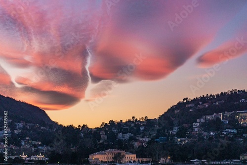 Lake Como, in the Italian Alps, during sunset, near the town of Como, Italy - February 2020. © Roberto