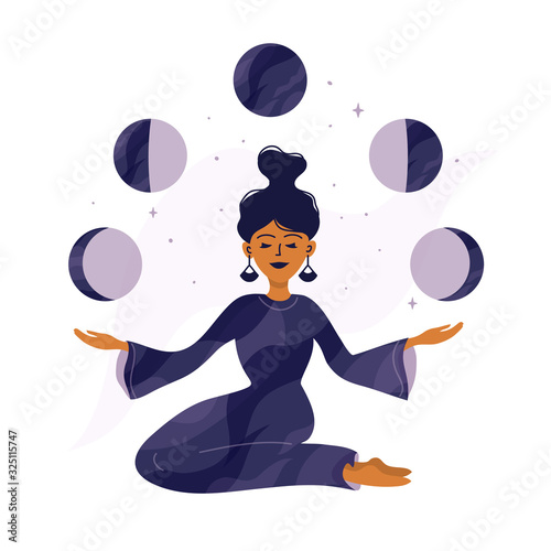 Cute girl holding moon phases in hands. Modern witch, spirituality concept. Magic woman, witchcraft and mystery. Cycle from new to full moon. Vector illustration of tarot card cover, poster, postcard.