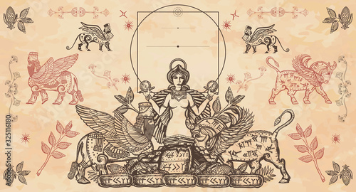 History of  Middle East. Assyrian culture frame. Mesopotamian art. Ancient Sumerian Civilization. Historical background. Winged bull, pyramids, goddess Ishtar