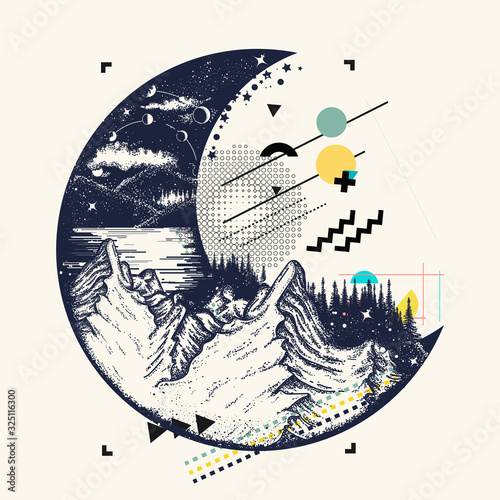 Moon and mountains tattoo and t-shirt design. Infinite space, meditation symbols, travel, tourism. Zine culture style. Hand drawn vector art, fashion contemporary collage