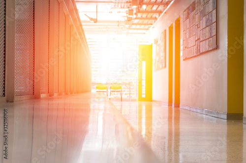 School classroom in blur background without young student  Blurry view of corridor of elementary class room no kid or teacher  in campus.