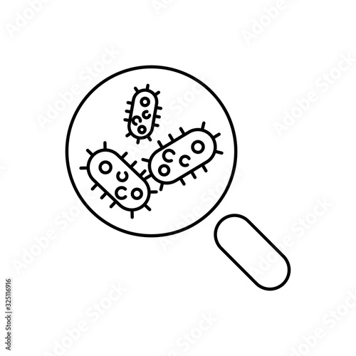 Magnifying Glass look through germ, bacteria, virus. Outline thin line flat illustration. Isolated on white background. 