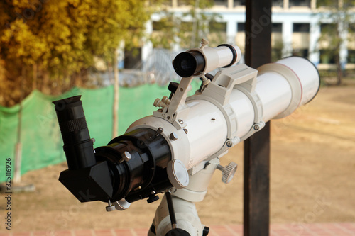 Refractor telescope, Optical telescope, device instrument for land lunar or planetary observation of distant object, magnified by lenses.