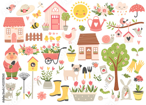 Gardening and Spring set, hand drawn elements- flowers, houses, birds, insect and other. Perfect for scrapbooking, greeting card, party invitation, poster, tag, sticker kit. Vector illustration.