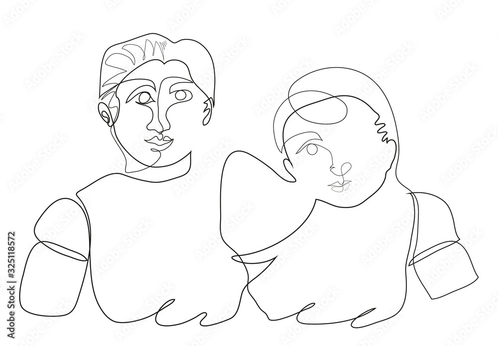 illustraton of young boys hugging. continuous line drawing of friends hugging each other. illustraton of young boys hugging. continuous line drawing of friends hugging each other.