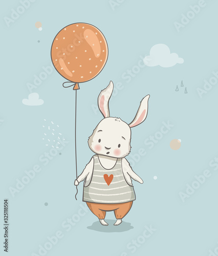 Cute little bunny cartoon vector illustration, posters for baby room, greeting cards, kids and baby t-shirts and wear, hand drawn nursery illustration