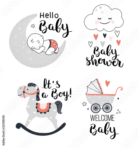 Baby shower posters, welcome baby card.Vector illustration.