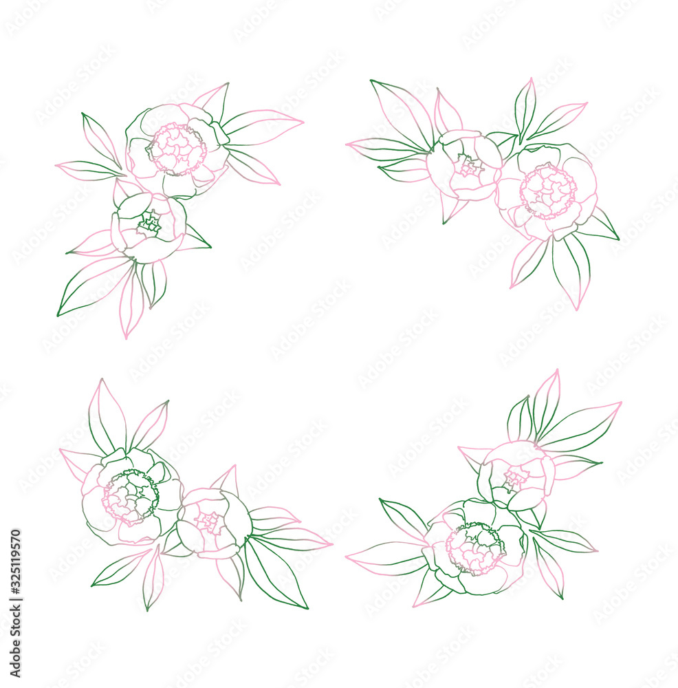 Flowers frame. Pink and green natural hand drawing illustration for congratulations, invitations, photo Flowers frame. Pink and green natural hand drawing illustration for congratulations, invitations, photo