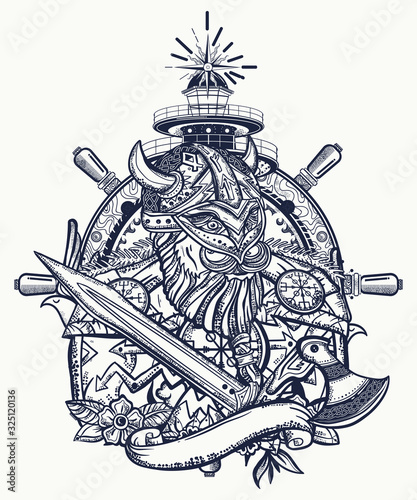 Warrior man. Scandinavian culture. Valhalla art. Northern history. Bearded viking in armor, lighthouse and steering wheel. Tattoo and t-shirt design