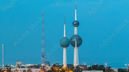 The Kuwait Towers day to night timelapse - the best known landmark of Kuwait City. Kuwait, Middle East photo