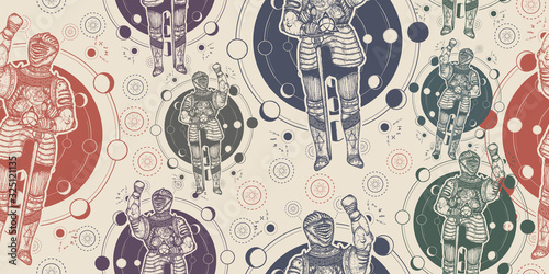 Medieval knight. Seamless pattern. Packing old paper, scrapbooking style. Vintage manuscript, engraving art. Esoteric symbol ancient war, lunar phases. Alchemical motives, sacral geometry