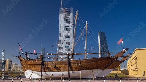 Historic dhow ships timelapse hyperlapseat the Maritime Museum of in Kuwait. Kuwait, Middle East photo