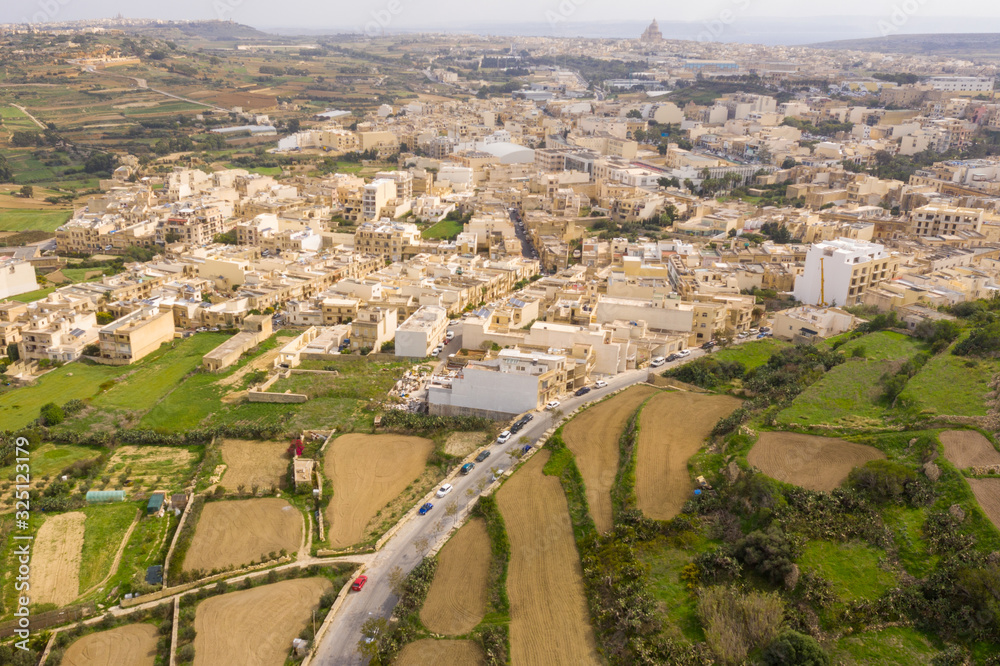 Aerial top drone shot of rural landscape of the island of Gozo Malta