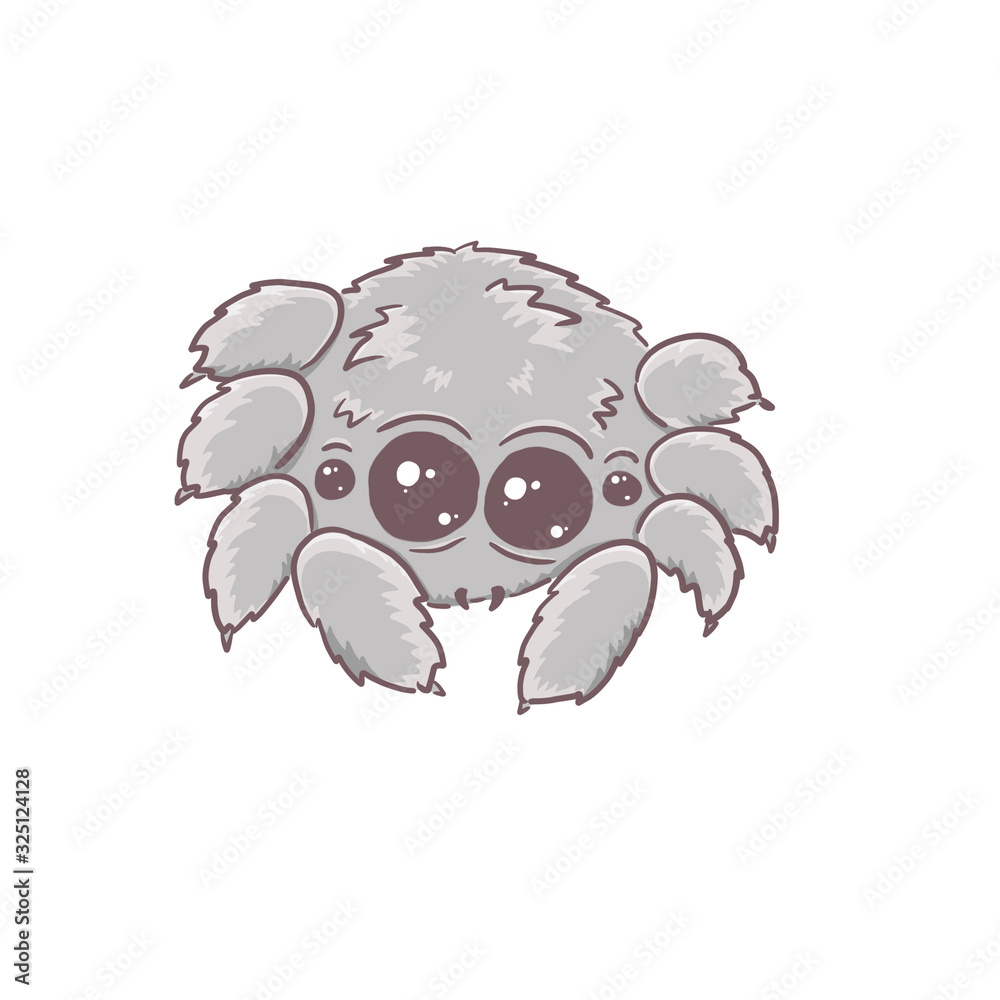 Illustration of a cute grey cartoon little furry spider. Children's illustration for a poster, t-shirt or children's book Illustration of a cute grey cartoon little furry spider. Children's illustration for a poster, t-shirt or children's book