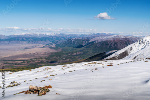 Mountain landscape, view from a snowy mountain peak. Uchitel pass, Severo-Chuysky ridge, Altai Republic, Russia photo