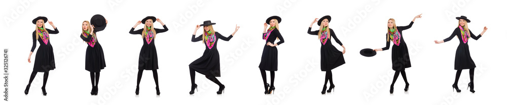 Woman in long black dress isolated on white Woman in long black dress isolated on white