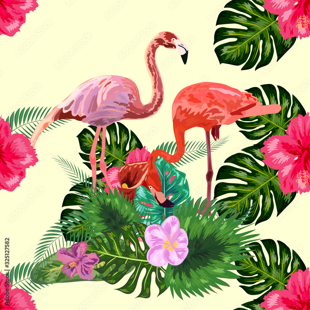 Obraz premium Seamless graphic pattern of flamingos in love among the trees