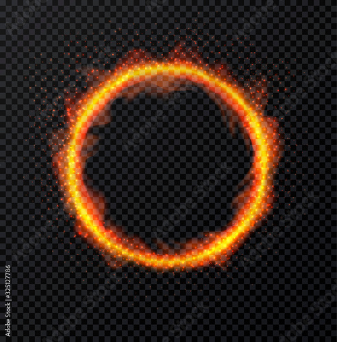 Ring of fire flame on transparent background. Round fiery frame. Vector Illustration