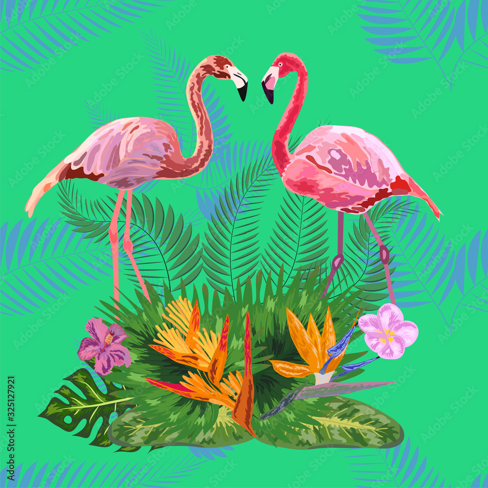 Fototapeta premium Seamless graphic pattern of flamingos in love among the trees