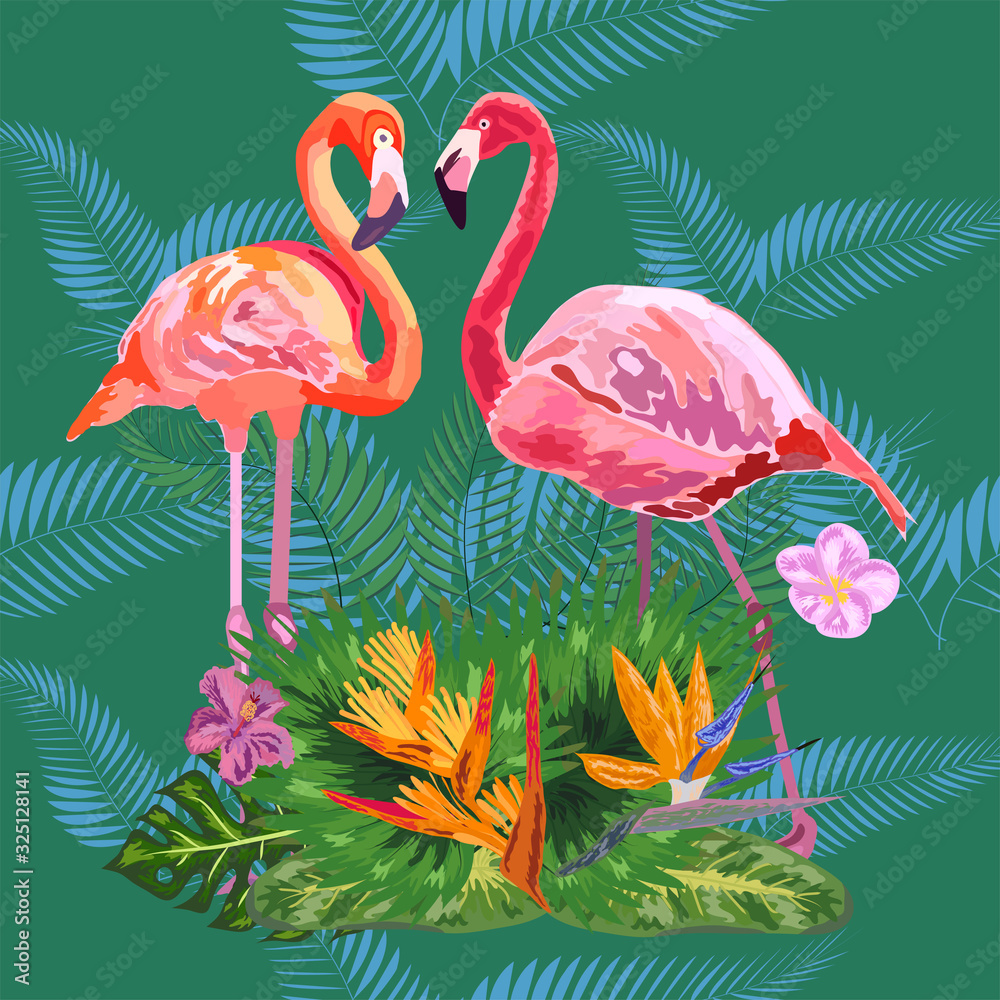 Obraz premium Pink flamingos, tropical flowers and jungle leaves, hibiscus, pink lotus. Beautiful seamless floral jungle pattern background