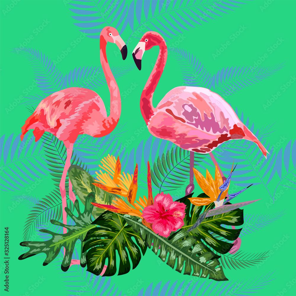Naklejka premium Pink flamingos, tropical flowers and jungle leaves, hibiscus, pink lotus.