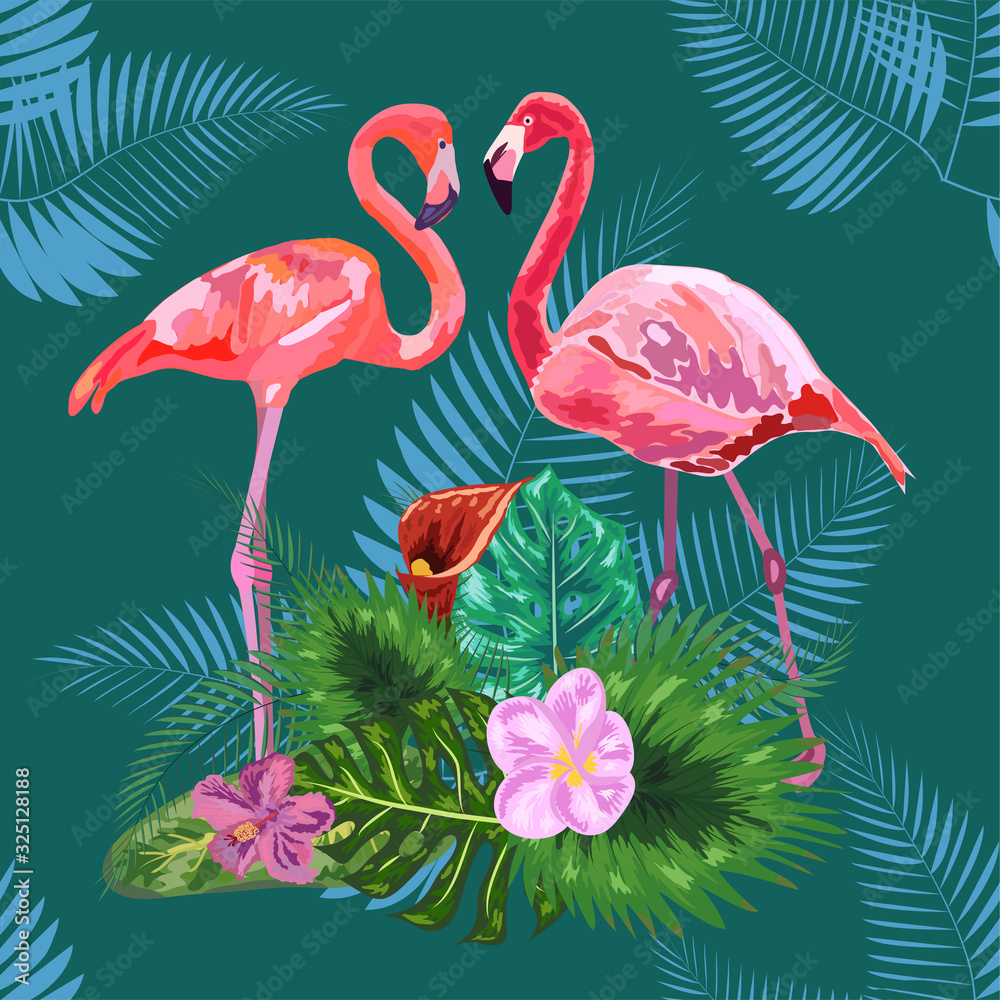 Obraz premium Pink flamingos, tropical flowers and jungle leaves, hibiscus, pink lotus. Beautiful seamless floral jungle pattern background