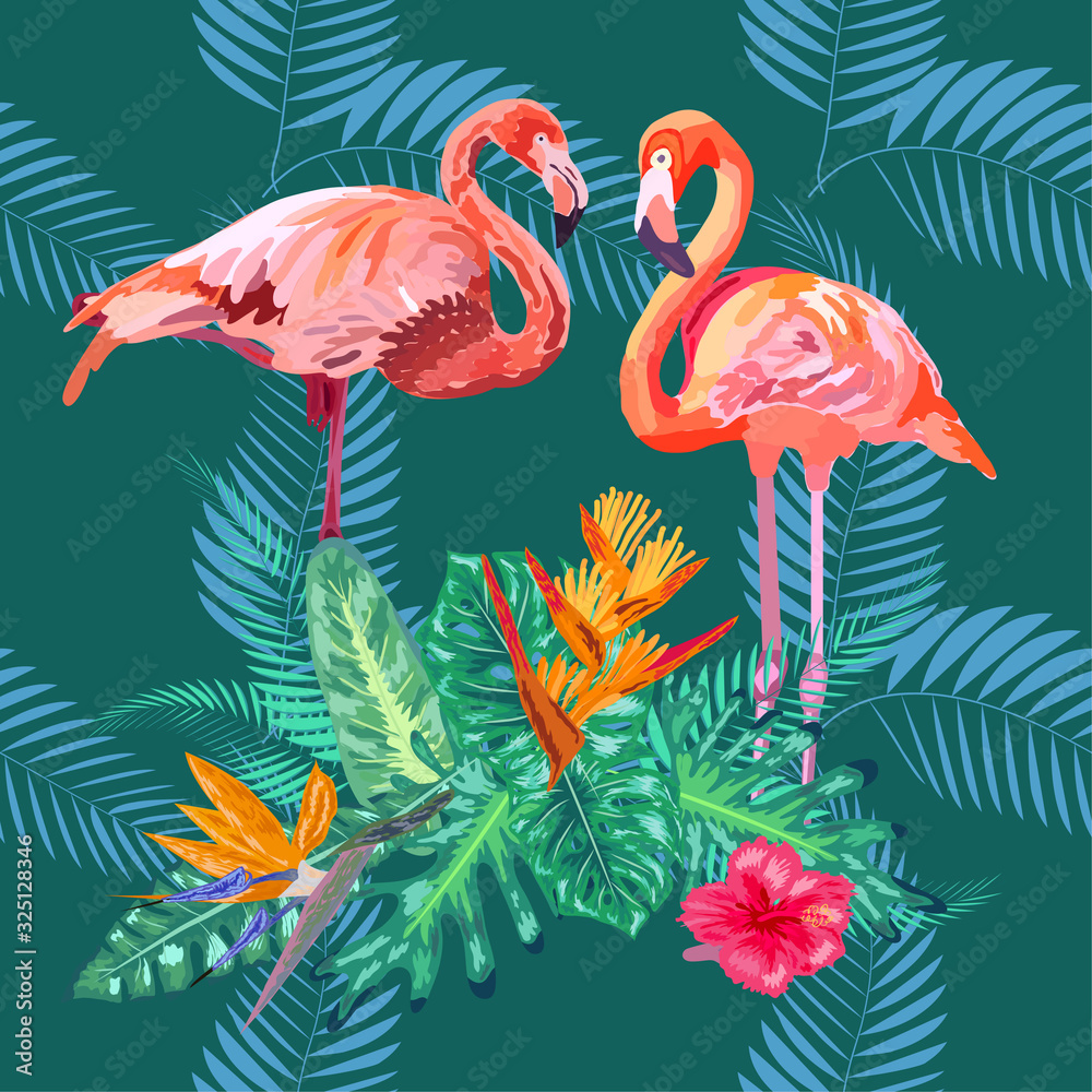 Obraz premium Pink flamingos, tropical flowers and jungle leaves, hibiscus, pink lotus. Beautiful seamless floral jungle pattern background