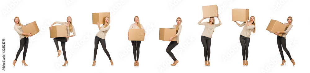 Woman with boxes relocating to new house isolated on white Woman with boxes relocating to new house isolated on white
