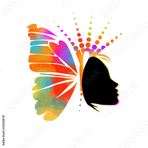 Beautiful multicolored girl's profile silhouette with butterflies flying from her hair isolated on white background - vector illustration