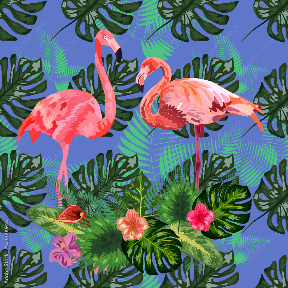 Fototapeta premium Piękny kwiatowy wzór tła z różowe flamingi, tropikalne kwiaty. Streszczenie tekstura geometryczne