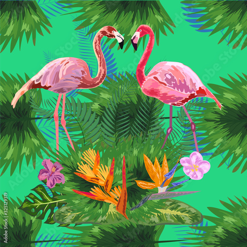 Beautiful seamless floral pattern background with pink flamingos  tropical flowers. Abstract geometric texture