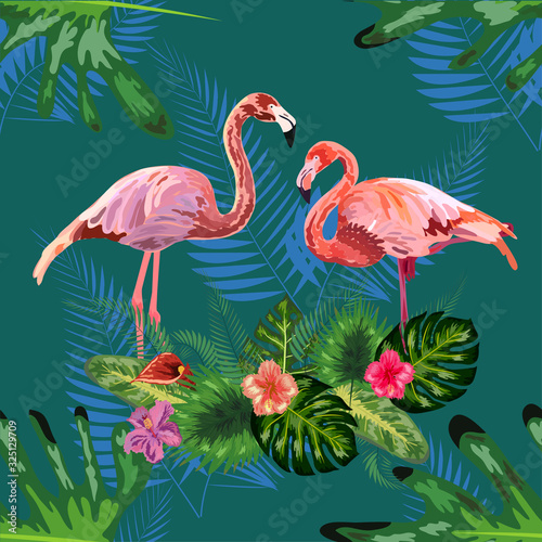 Beautiful seamless floral pattern background with pink flamingos, tropical flowers. Abstract geometric texture