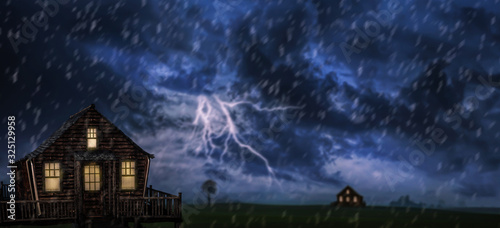 Spooky old barn with during rain and thunderstorm stormy rainy night.