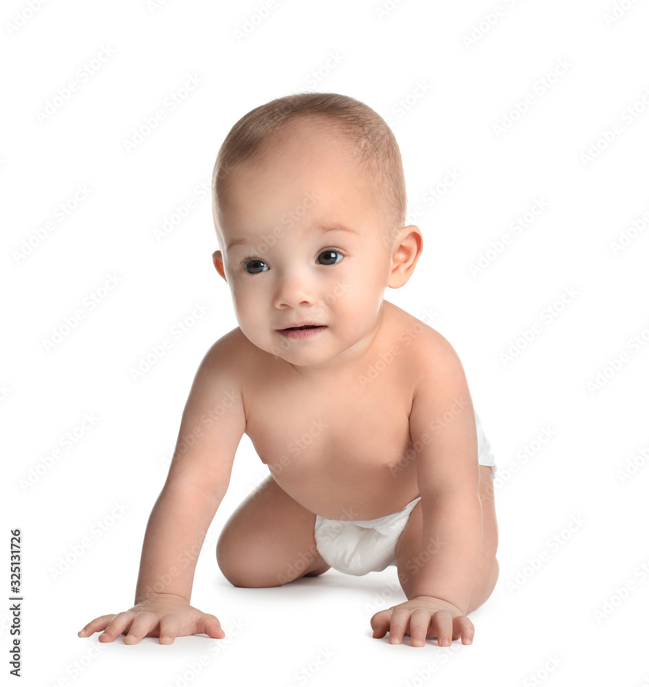 Cute little baby in diaper on white background Cute little baby in diaper on white background