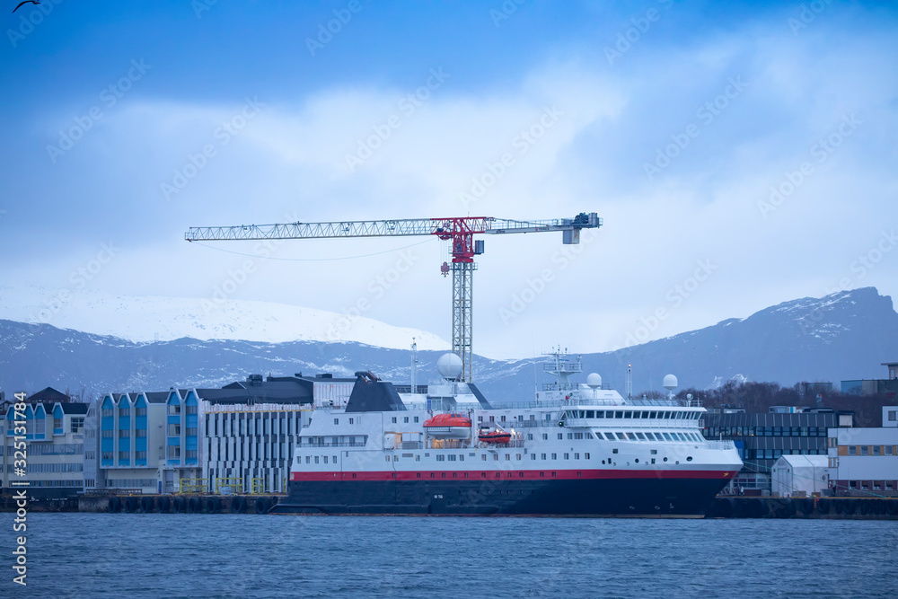Fototapeta premium Coastal passenger ship at quay in Brønnøysund, Northern Norway
