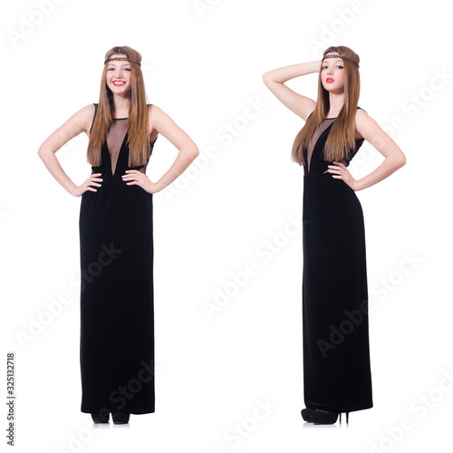 Young redhead gril in black long dress isolated on white