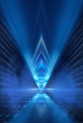 Dark background with lines and spotlights, neon light, night view. Abstract blue background.