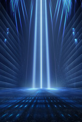 Dark background with lines and spotlights, neon light, night view. Abstract blue background.