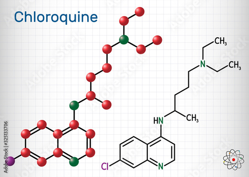 Chloroquine, chloraquine, aminoquinoline, C18H26ClN3 molecule. It is used for the treatment of malaria, hepatic amoebiasis, lupus erythematosus, rheumatoid arthritis, 2019-ncov. Sheet of paper in cage