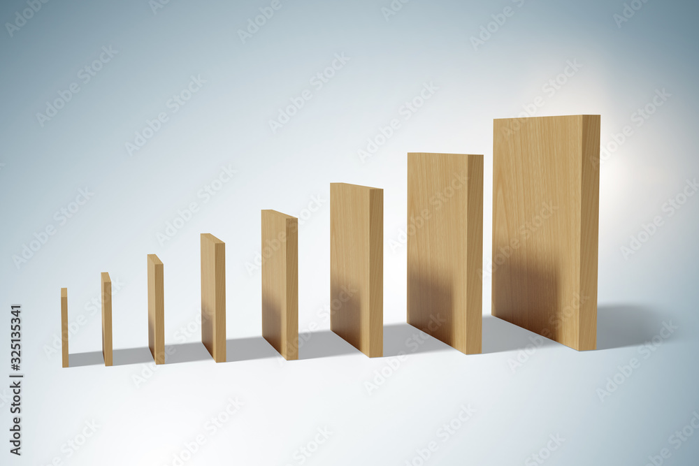 Domino effect concept with wooden pieces - 3d rendering Domino effect concept with wooden pieces - 3d rendering