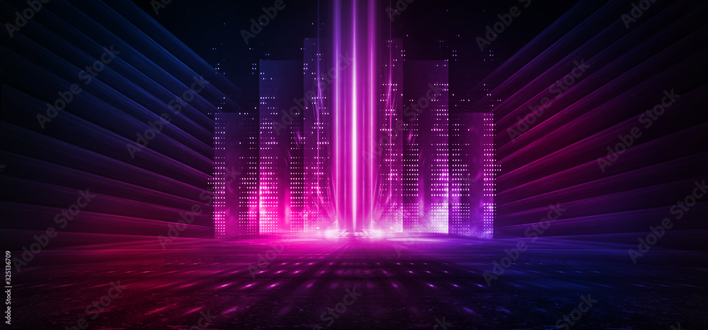 Dark background with lines and spotlights, neon light, night view. Abstract pink background.