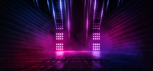 Dark background with lines and spotlights, neon light, night view. Abstract pink background.