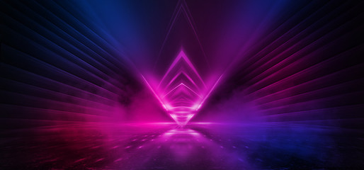 Dark background with lines and spotlights, neon light, night view. Abstract pink background.