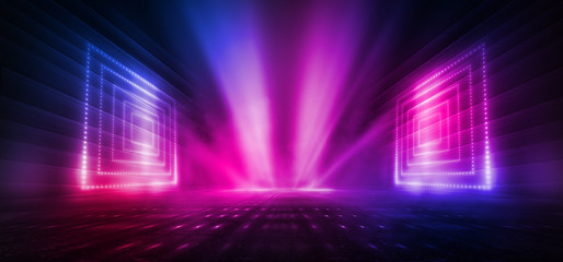 Dark background with lines and spotlights, neon light, night view. Abstract pink background.
