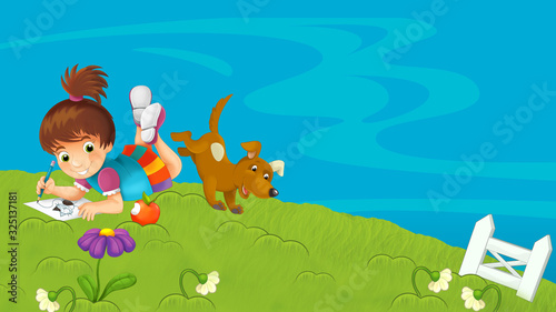 cartoon farm ranch with meadow with dog and girl with space for text illustration